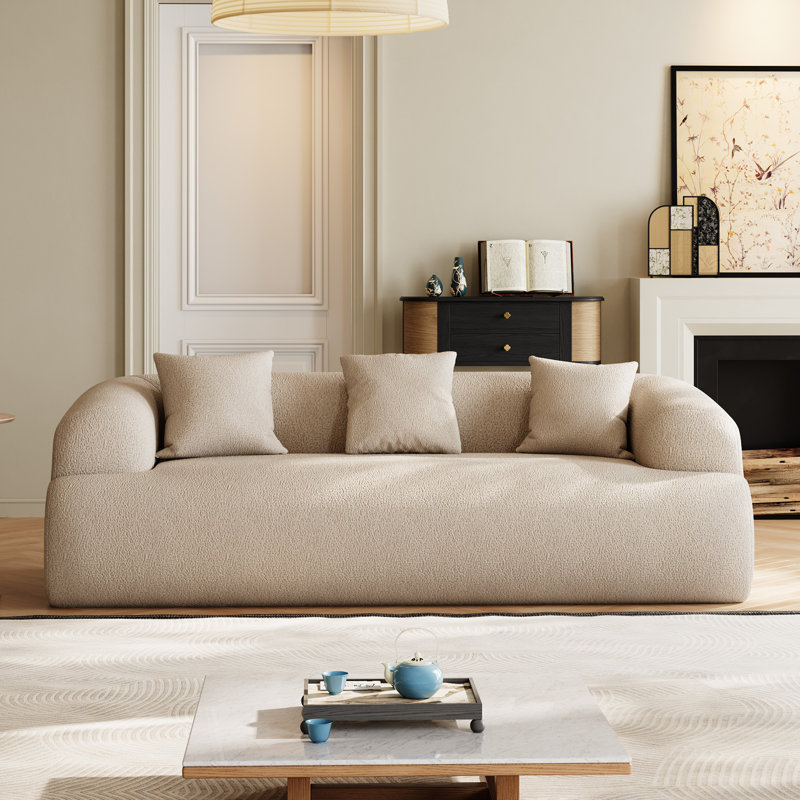 Boneless Modern Curved Sofa Compression Couch, Light Brown, 27.5" H x 90.5" W x 41" D