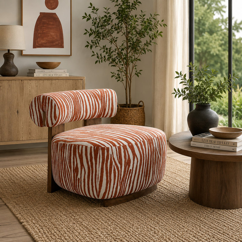 Chaise d'appoint Niya Zebra, dossier cylindrique, chenille orange-blanc, Orange/White Chenille