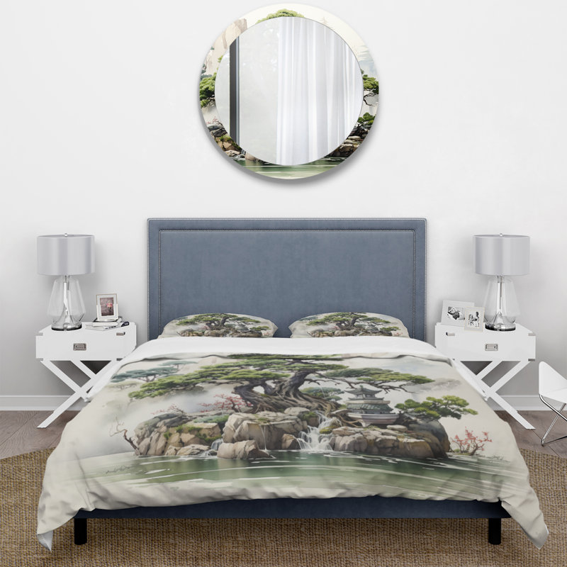 Ensemble de housse de couette en microfibre / polyester Japon Art Meditation Green Bonsai II