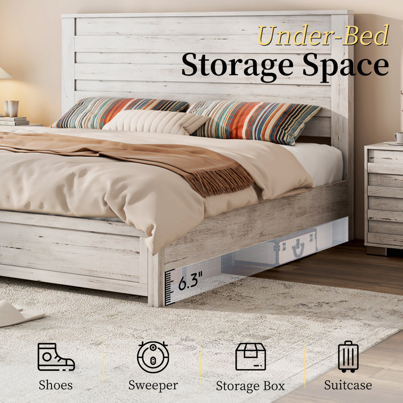 Distressed White Full Farmhouse Wood and Metal Bed Frame with Slats