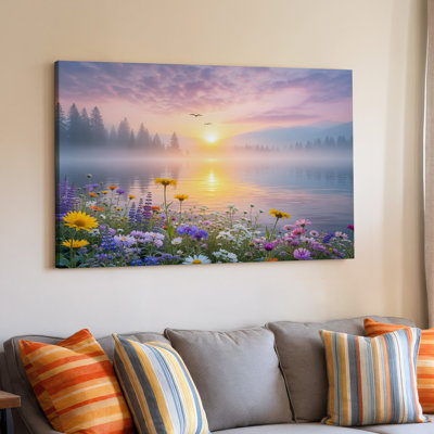Sunrise Lake Landscape With Wildflowers And Misty Forest Scene Canvas Wall Art Print For Living Room, Bedroom, Office, Hallway, Entryway, Gallery Wall And Modern Home Decor