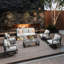 Un canapé trois places + quatre chaises pivotantes + une table basse + deux tables d'appoint