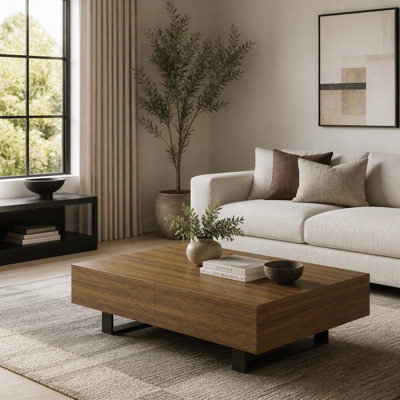 Sliding Top Coffee Table with Hidden Storage, Expandable Wood Tabletop Design, Modern Mid-Century Coffee Table with Storage Compartment for Living Room