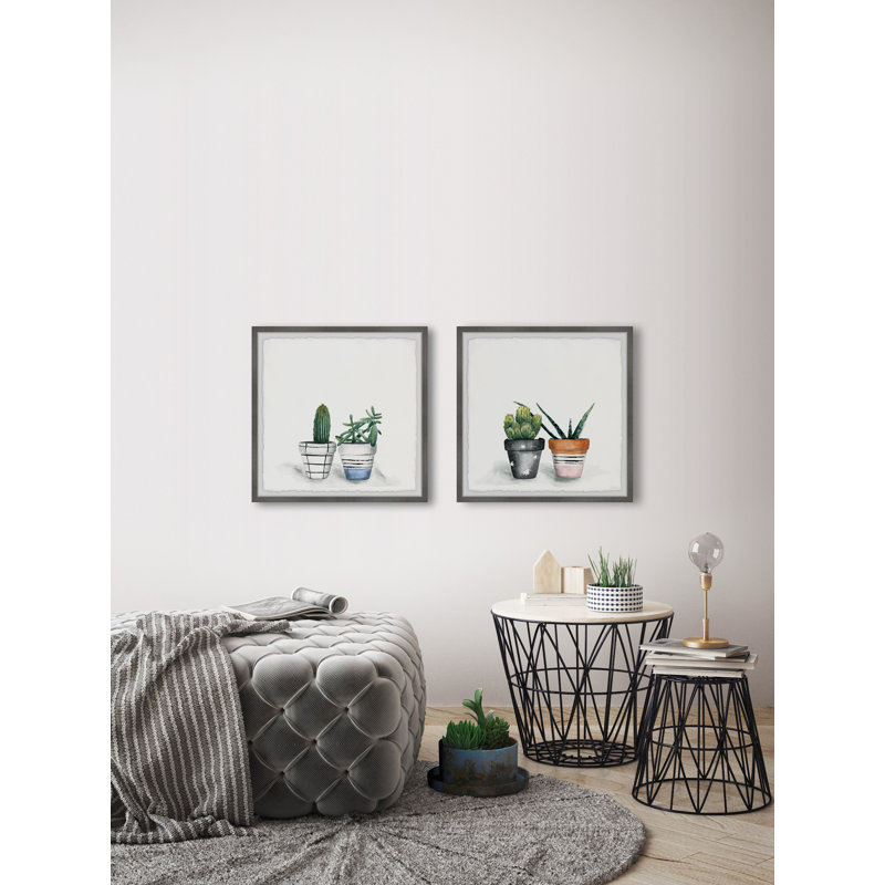 Pots de cactus décorés - ensemble de 2 peintures encadrées, L 32 po x H 32 po