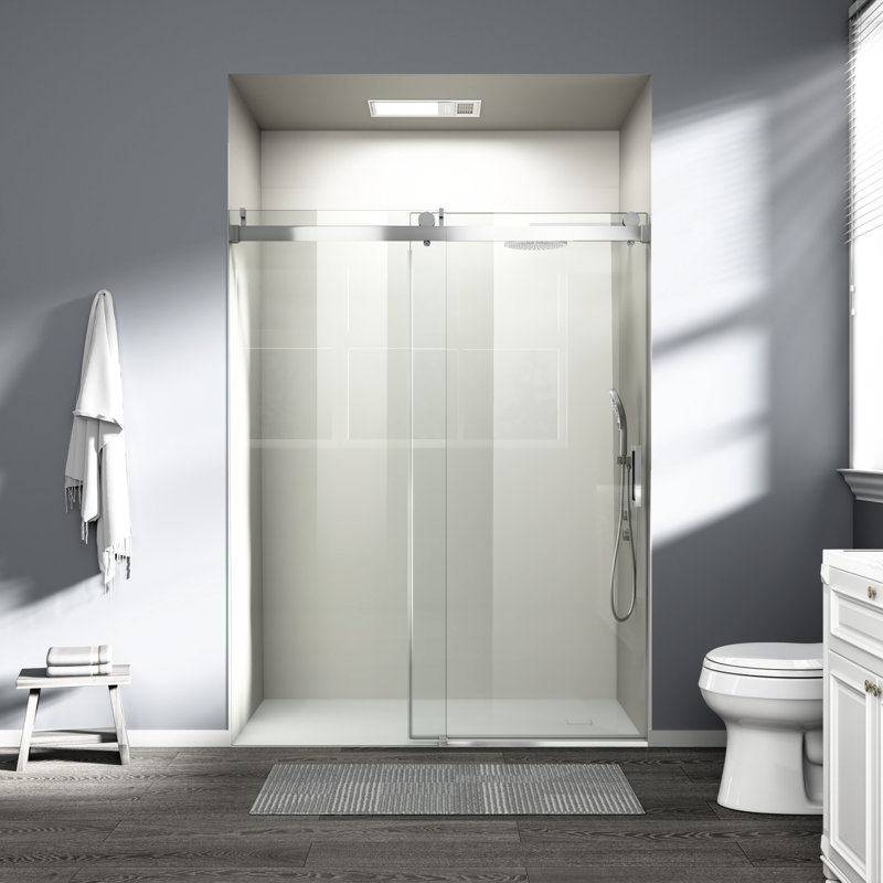 Porte de douche coulissante simple de conception minimaliste, réglable de 56 à 60 pouces de largeur, 76 pouces de hauteur, verre trempé de 1/4 po de 6 mm, fermeture en douceur et en douceur, matériau d'étanchéité très haut, coulissant à l'épreuve de la fermeture, fini