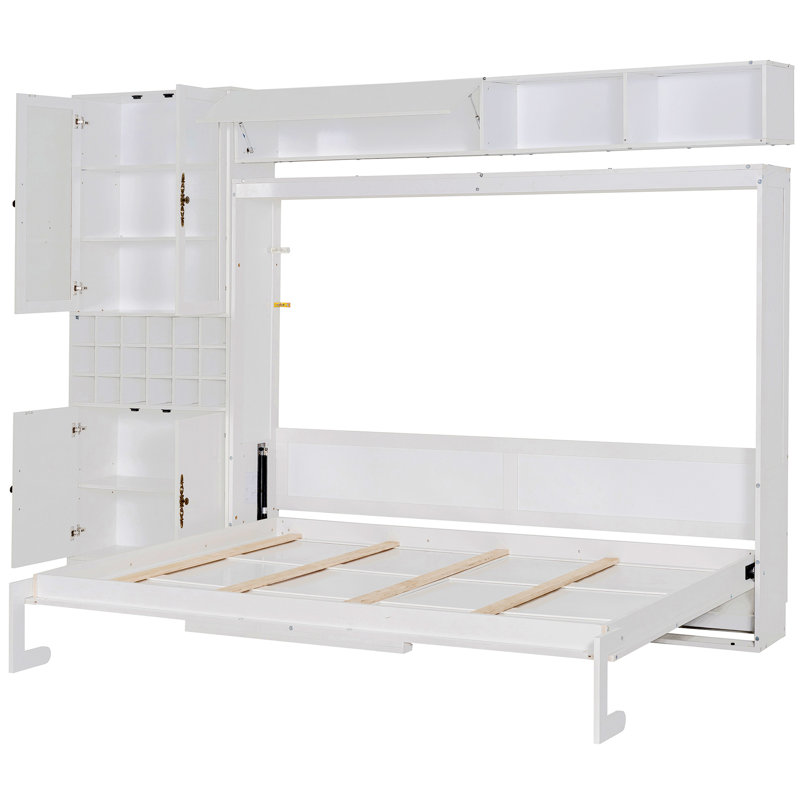 Lit escamotable, lit escamotable avec canapé, tablettes USB et lumière, White/Beige