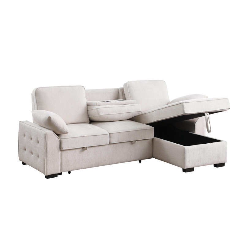 91" Chenille Convertible Sectional Sofa with Pull-Out Sleeper, Storage Chaise, Cup Holders & USB Charging, White