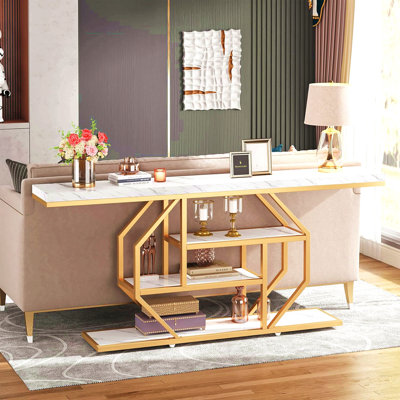 Table d'appoint 70,9 po, canapé doré moderne avec rangement à 4 niveaux, table d'appoint en faux marbre blanc