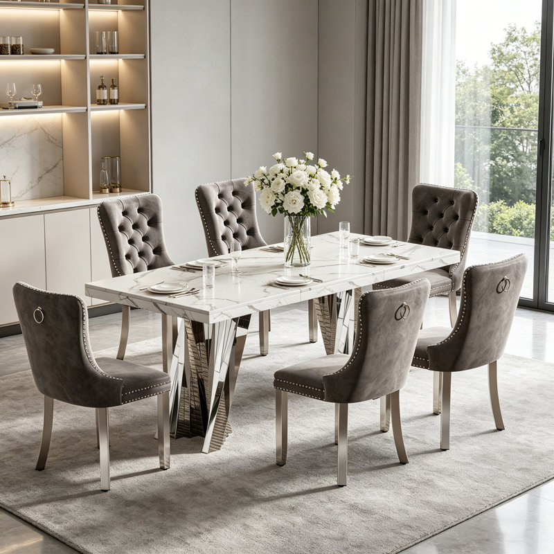 Modern Faux Marble Dining Table Set, Luxury 70.8" Dining Room Table with Velvet Upholstered Chairs, Luxurious Kitchen Table with Lightning Stainless Steel Pedestal, Rectangle Dining Table Set