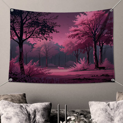 Tapisserie murale forêt rose avec cerf