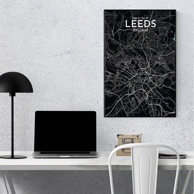 Carte de la ville de Leeds, impression, H 36 po x l 24 po, Gris / noir