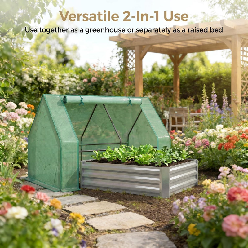 Lit de jardin surélevé galvanisé 2-en-1 avec mini couvre-serre - jardinière d'extérieur pour légumes, herbes, fleurs sur le patio, pelouse
