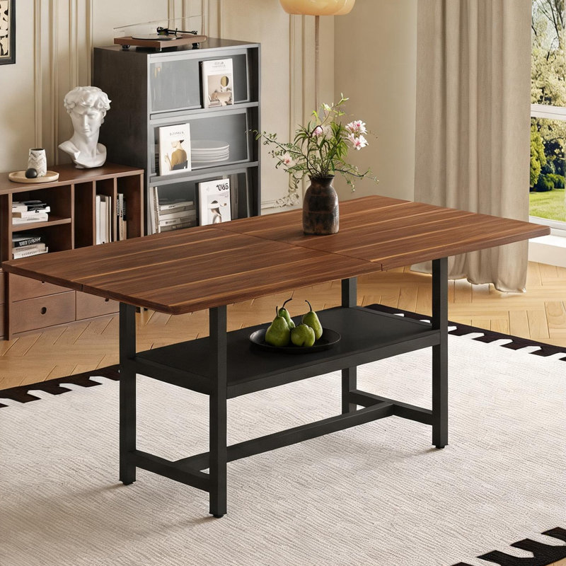 Table de salle à manger rectangulaire de 71 pouces avec plateforme de rangement, panneau de fibres à densité moyenne noyer et acier noir mat, 6 places, style campagne moderne