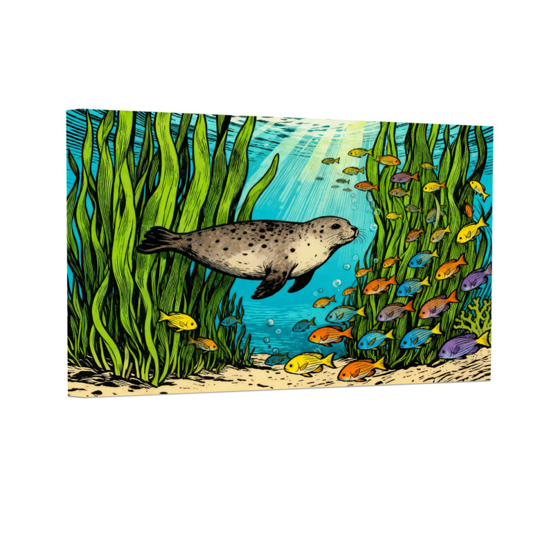Animals Seal Swimming Among Colorful Fish And Seaweed, 20" H x 30" W