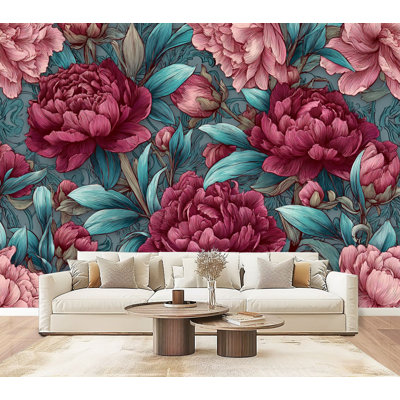 Papier peint adhésif baroque adhésif pivoine rose sarcelle filigrane bleu sarcelle H 69 po x l 96 po, papier peint amovible en PVC autocollant pour chambre à coucher, bureau à domicile, bureau