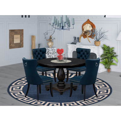 5 Piece Dining Table Set Includes a 48" Round Table with Pedestal and 4 Navy Blue Upholstered Chairs, Sand Blasted Black