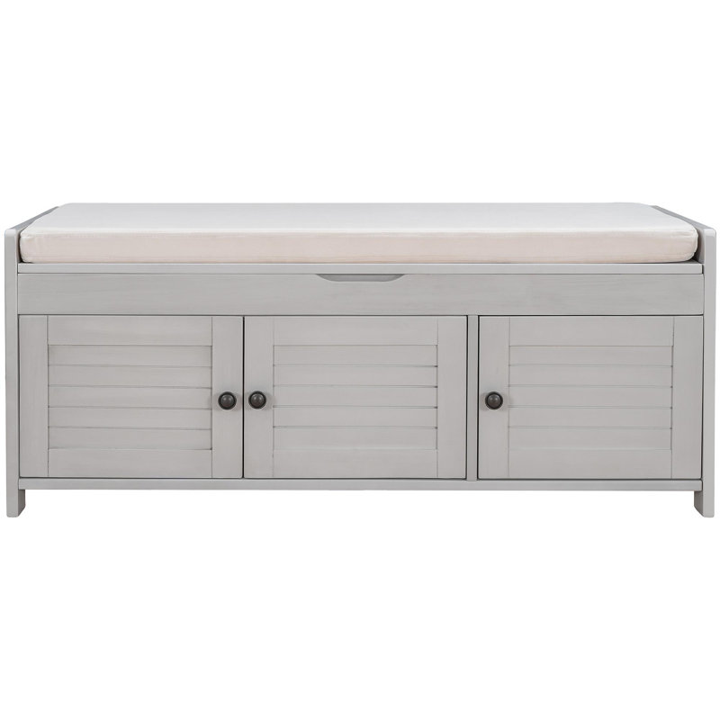 Storage Bench With 3 Shutter-Shaped Doors, Shoe Bench With Removable Cushion And Hidden Storage Space (Gray Wash, OLD SKU: WF284226AAE)
