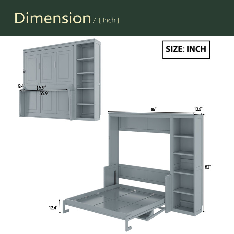 Lit escamotable avec bureau et bibliothèque Murphy, Gris, Lit double