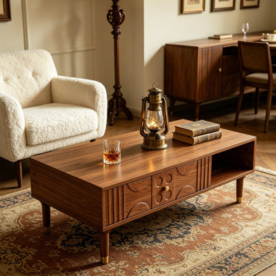 Modern Coffee Table With Storage, 47.2" Mid Century Retro Design With Geometric Carved Drawers For Living Room Home Décor