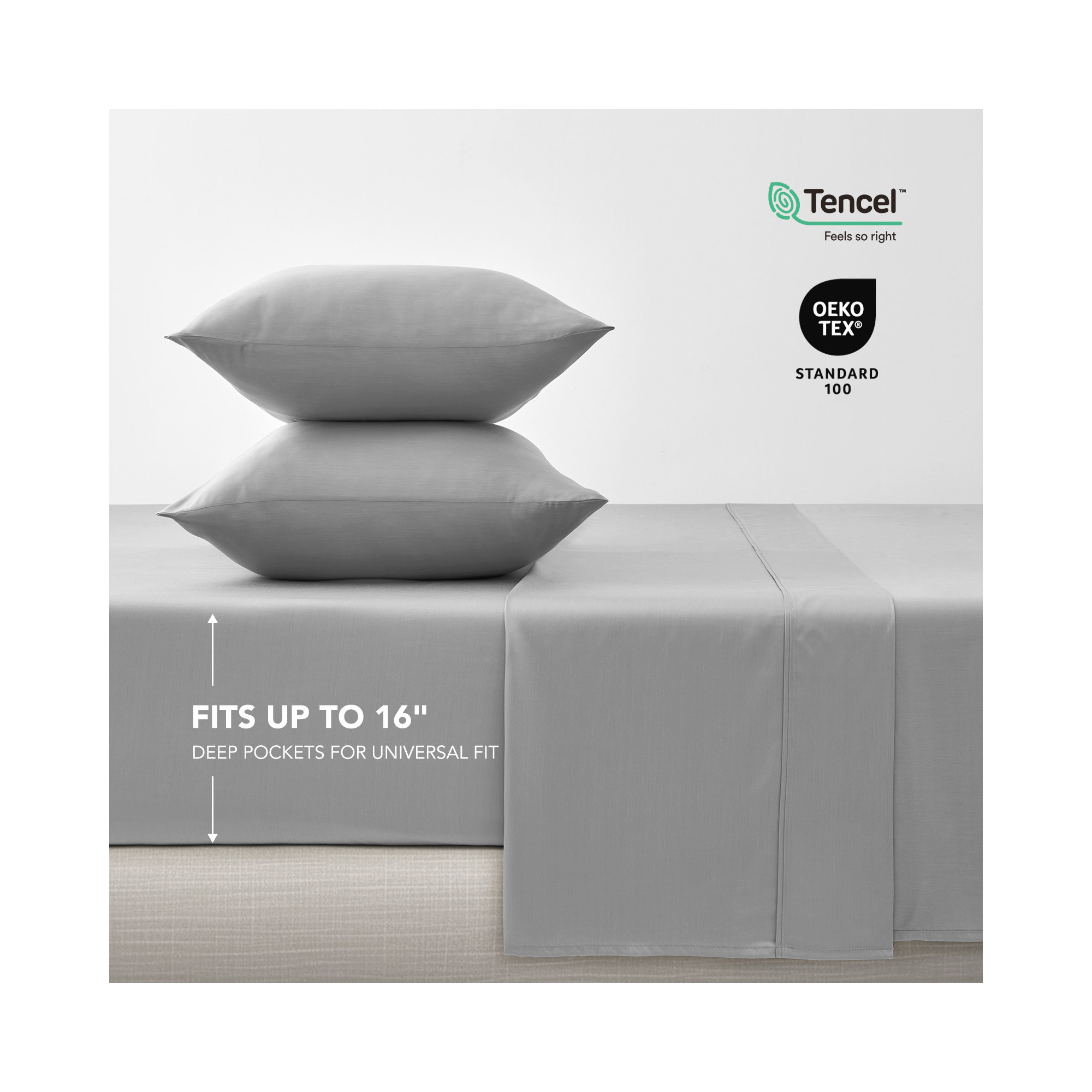 Tencel Sheet Set 4 Pieces, King Sheet Set + 1 Fitted Sheet + 2  Pillowcases, Light Gray