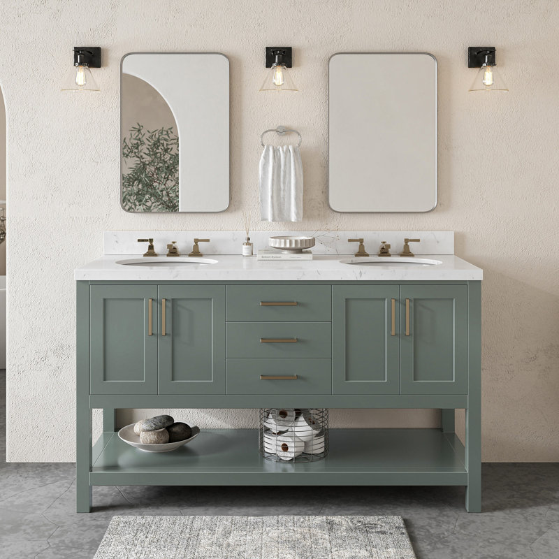 Magnolia 61" Double Bathroom Vanity Set, Gray, Oval , White Quartz