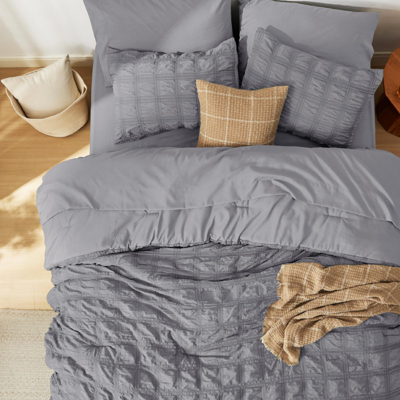 Bedsure Bed in a Bag Full - 7 Pieces Plaid Seersucker Bedding Comforter Sets, Soft Lightweight Grey Boho Bed Set with Comforters Full Size, Sheets, Pillowcases & Shams