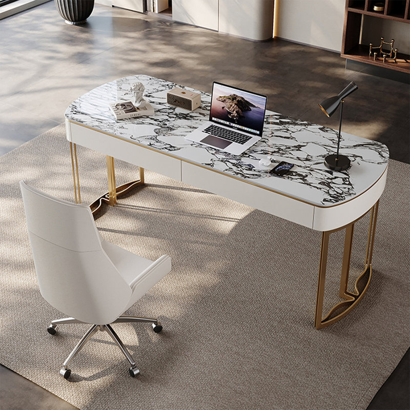 Bureau d'écriture avec tiroirs dorés, H 29,53 po x l 70,87 po x P 23,62 po, Doré
