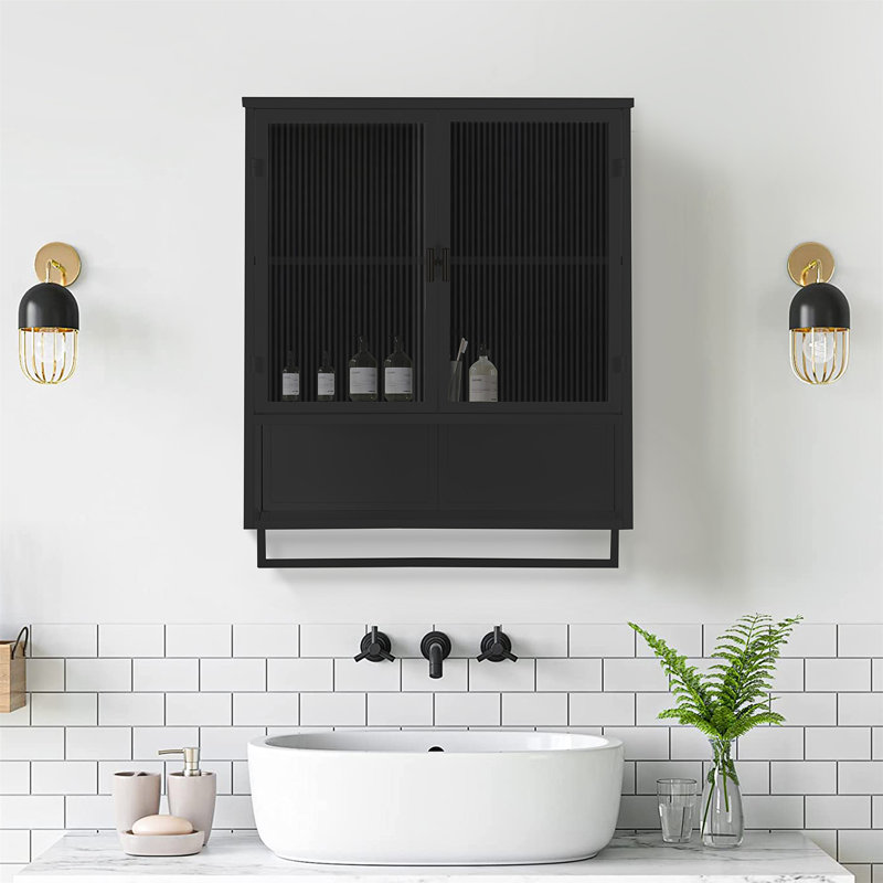 Larock Glass+Metal Wall-mounted Bathroom Cabinet,Wall Cabinet, Black