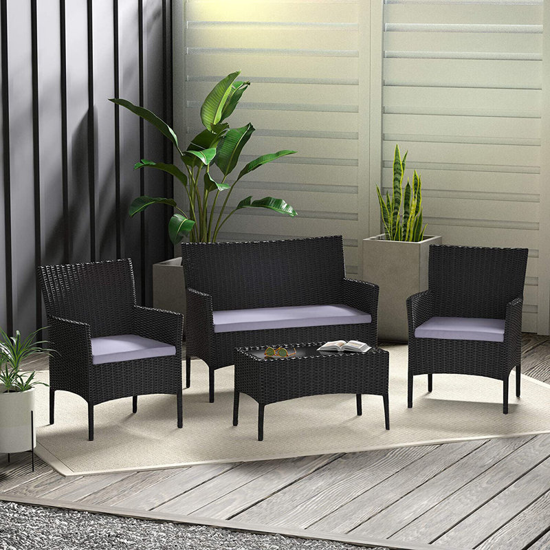 Lavedan Rattan 4 - Person Sofa Set with Cushions, Black, Grey