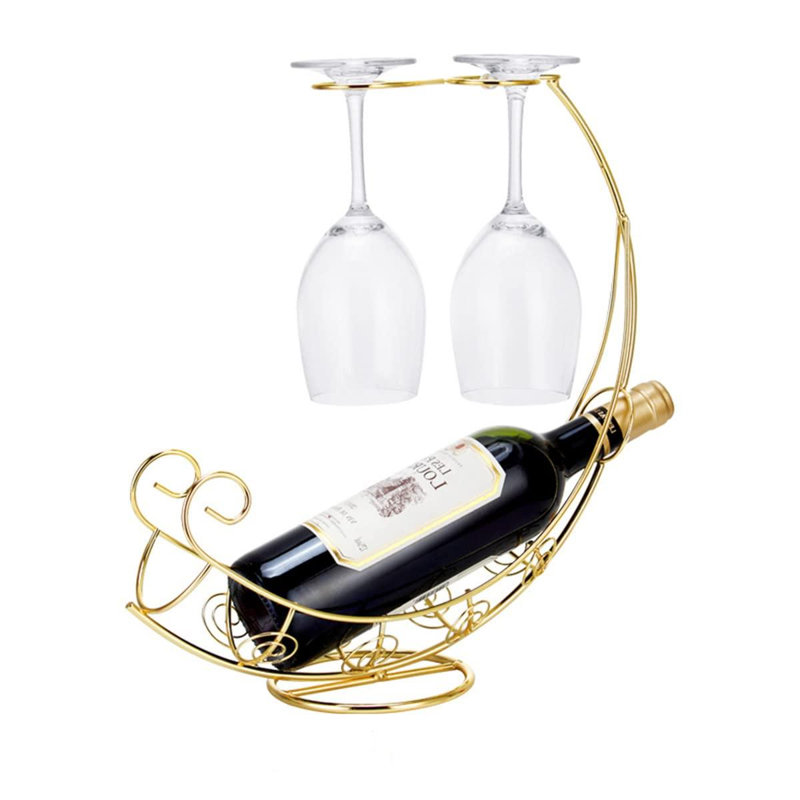 Syid 1 Bottle Tabletop Wine Bottle & Glass Rack, Gold