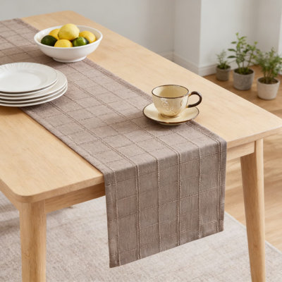 Linen Table Runner With Plaid Embroidery, Textured Woven Farmhouse Table Decor For Dining Room Kitchen Holiday And Everyday Use