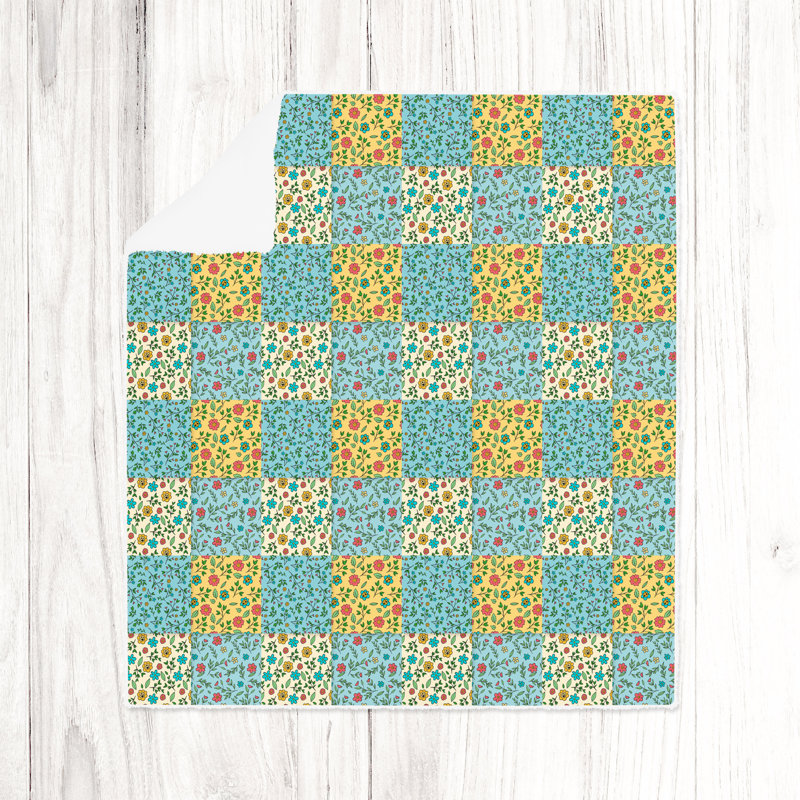 Throw Blanket, 51" W x 60" L, Checkered/Floral, Yellow/Blue