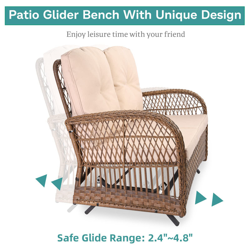 Bay Isle Home™ 5 Pieces Outdoor Wicker Patio Conversation Sets With Glider Loveseat, 2 Chairs With 2 Glass-Top Coffee Table Wicker Rocking Glider Set, Wicker Conversation Set With Thickened Cushions, Beige
