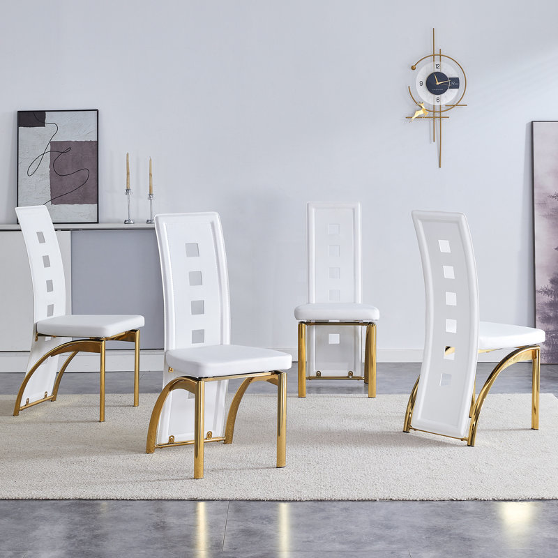 Modern Faux Leather Upholstered Dining Chair with Curved Metal Legs & Cut-out Back (Set of 4), Gold, White, 4