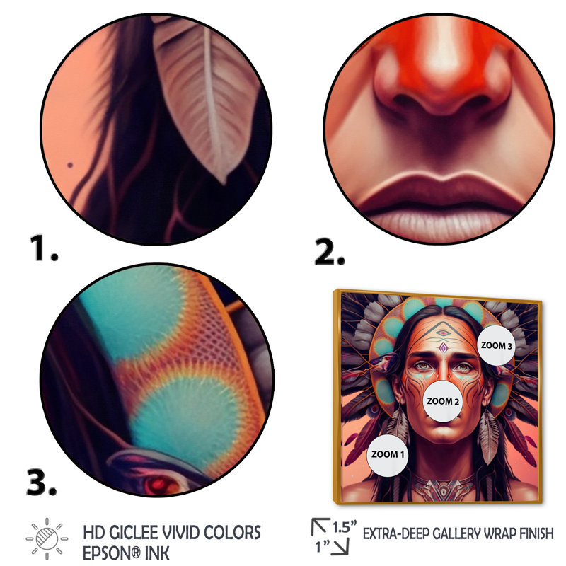 «Colorful Native American Man I», impression sur toile, H 24 po x l 24 po x P 1 po, Cadre flottant doré