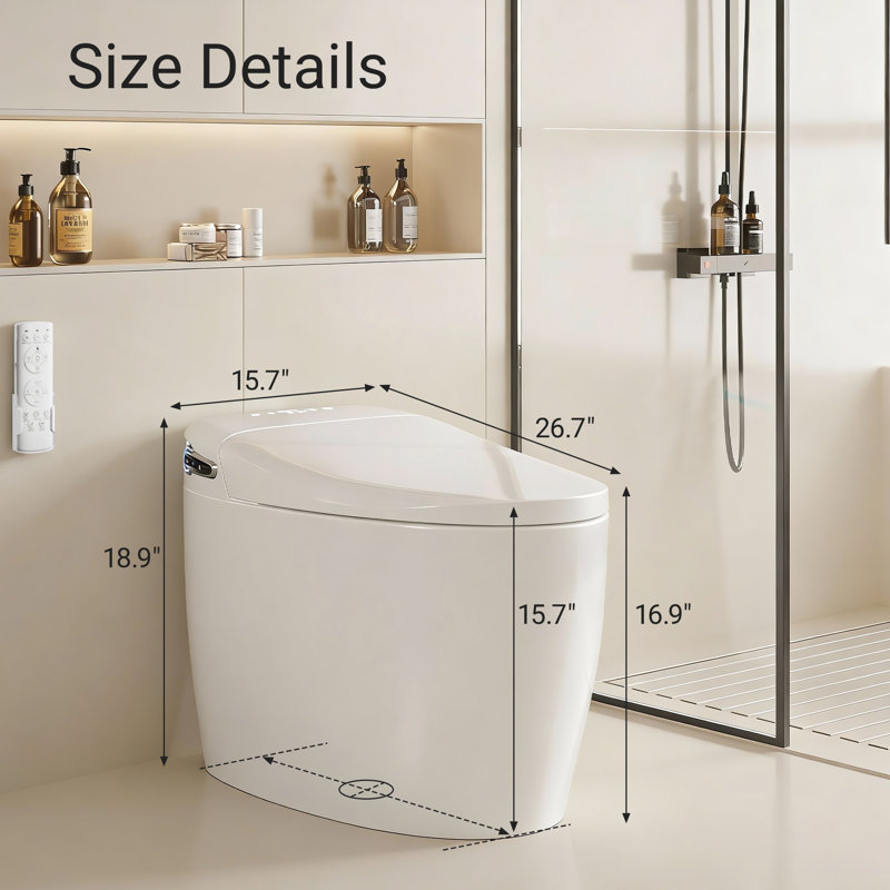 White Smart Toilet With Automatic Radar Lid, Uv Sterilization, Foot Sensor Flush, Heated Seat & Bidet, Adjustable Water Temperature & Pressure, Warm Air Drying, Night Light