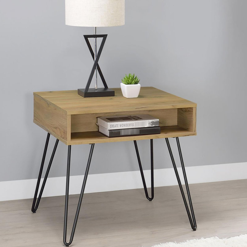 Rustic Golden Oak And Black End Table With Practical Storage Solution Charming Mid-Century Modern In Space