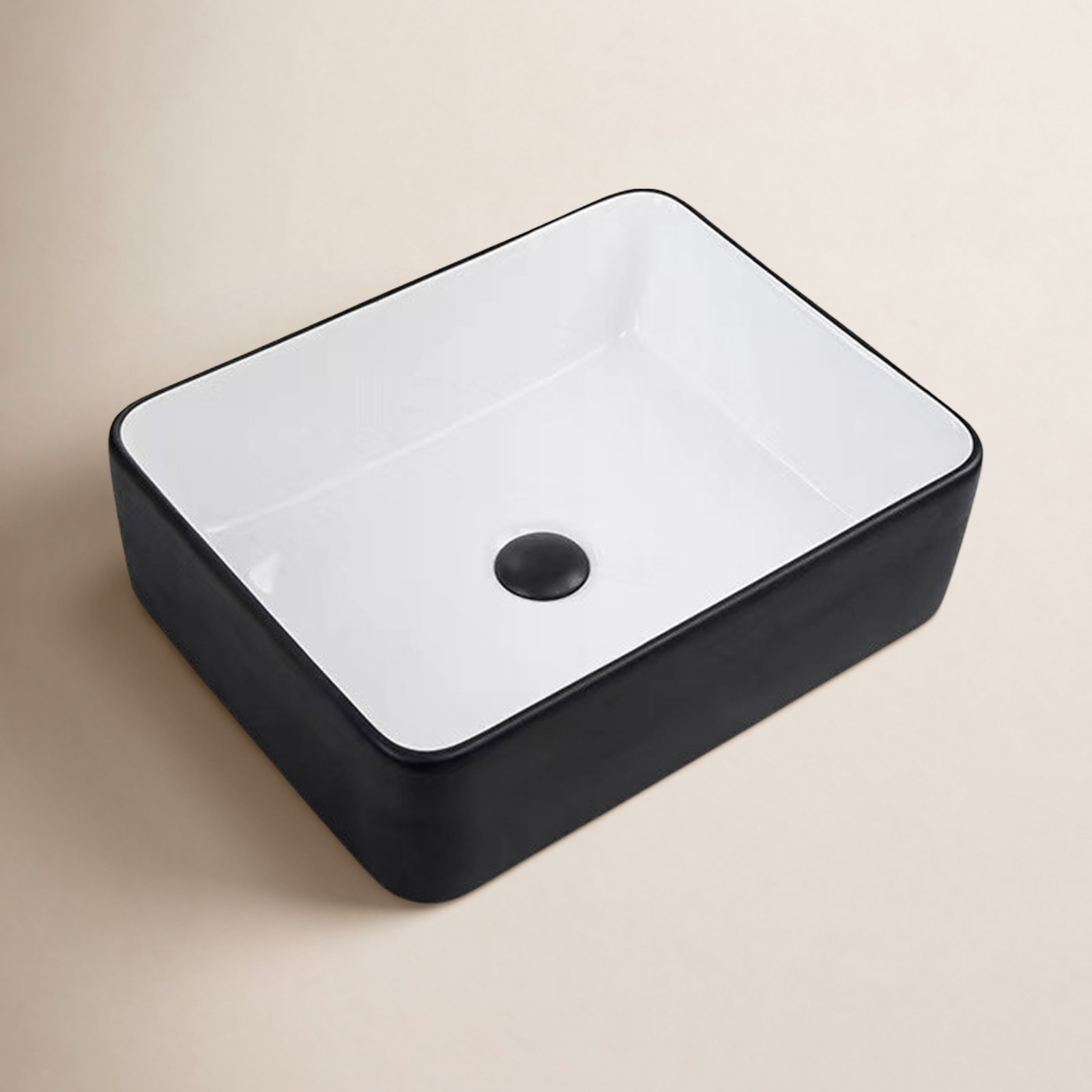 Ally Rectangular Vitreous China Vessel Sink, White/Black