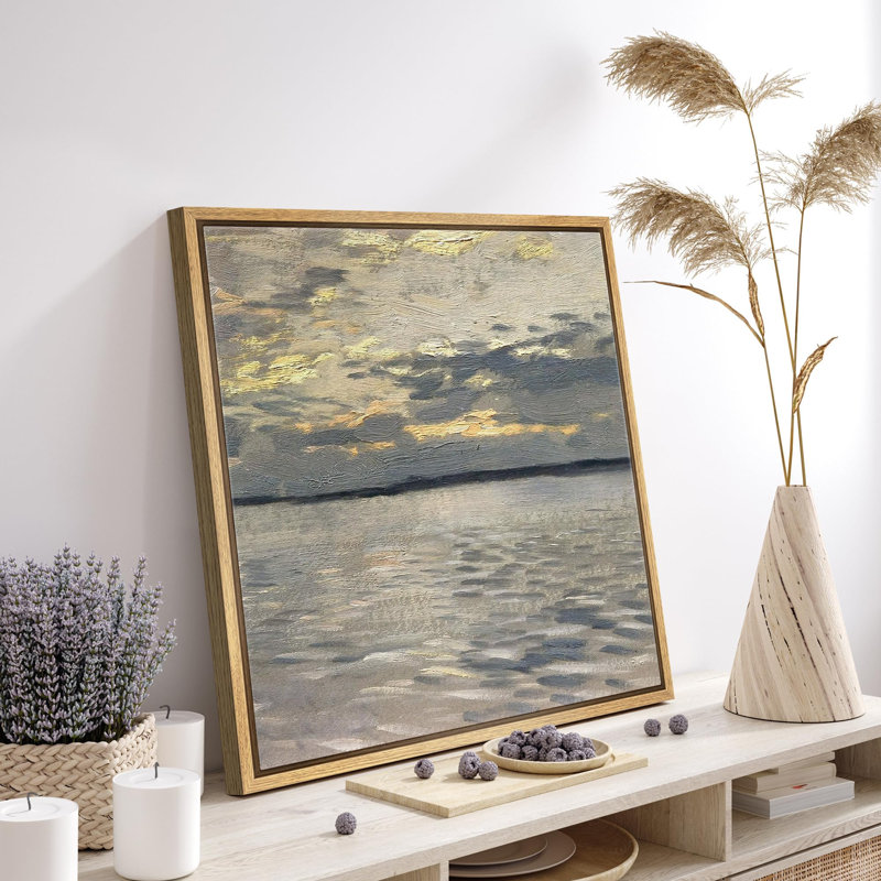 Réfléchissant bord de mer au crépuscule, peinture à l'huile texturée calme au coucher du soleil, illustrations, réalisme, décor encadré sur toile