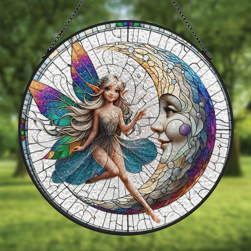Fée sur des panneaux de vitrail en forme de croissant de lune, 6,3 x 6,3 po (16 x 16 cm)