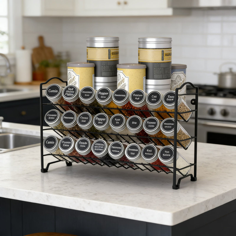 Étagère à épices à 3 niveaux avec 24 pots en verre, 396 étiquettes, entonnoir et marqueur craie | Ensemble de rangement de cuisine tout-en-un pour armoire, comptoir ou fixation murale