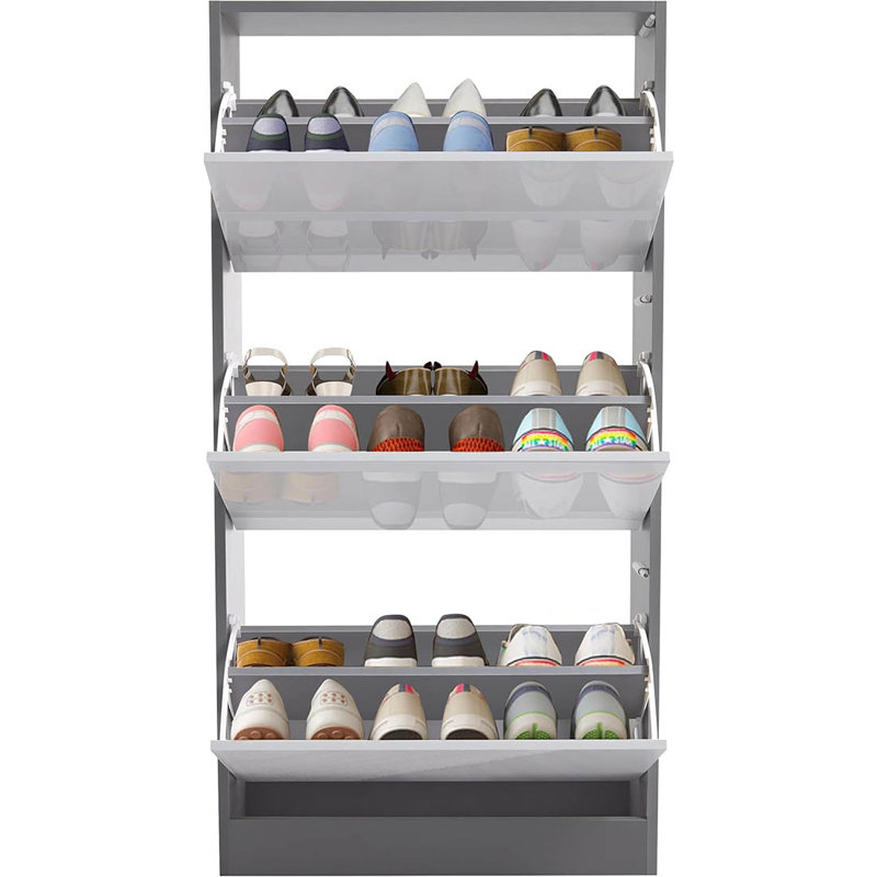 18 Pair Shoe Storage Cabinet, High Gloss Silver Grey/Dark Grey