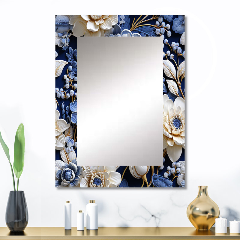 Motif victorien complexe de dentelle cobalt complexe - miroir mural floral, miroir décoratif de chalet, impression d'art en métal