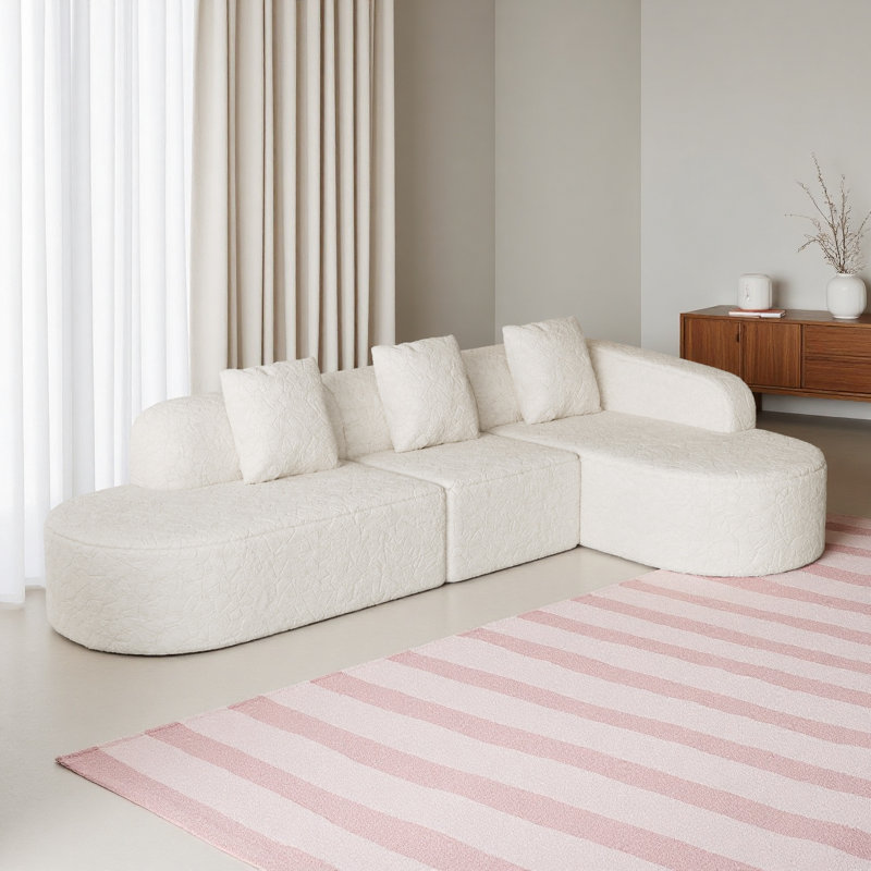 Canapé modulaire incurvé en forme de L de 111,8 pouces, design moderne avec tissu en polyester à poils longs texturé litchi, dossier incurvé avec trois coussins
