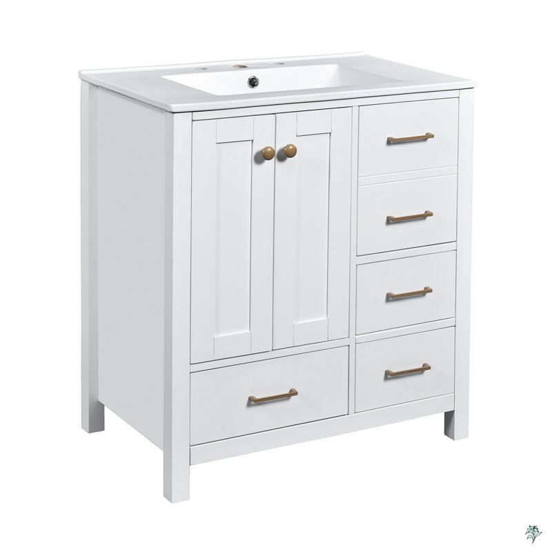 Ensemble de meuble-lavabo 30 po avec lavabo en céramique, armoire de rangement en bois massif, ensemble de meuble-lavabo autoportant avec 4 tiroirs et portes à fermeture douce
