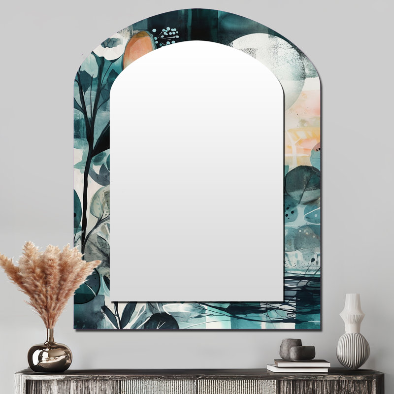 «Green Reflections Of A Free Mind III» - miroir en forme d'arche de plumes Boho, miroir mural décoratif asymétrique vert, impression d'art en métal