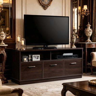 Meuble télé de luxe à trois portes, adapté aux téléviseurs de moins de 50 pouces, avec un comptoir texturé espresso.