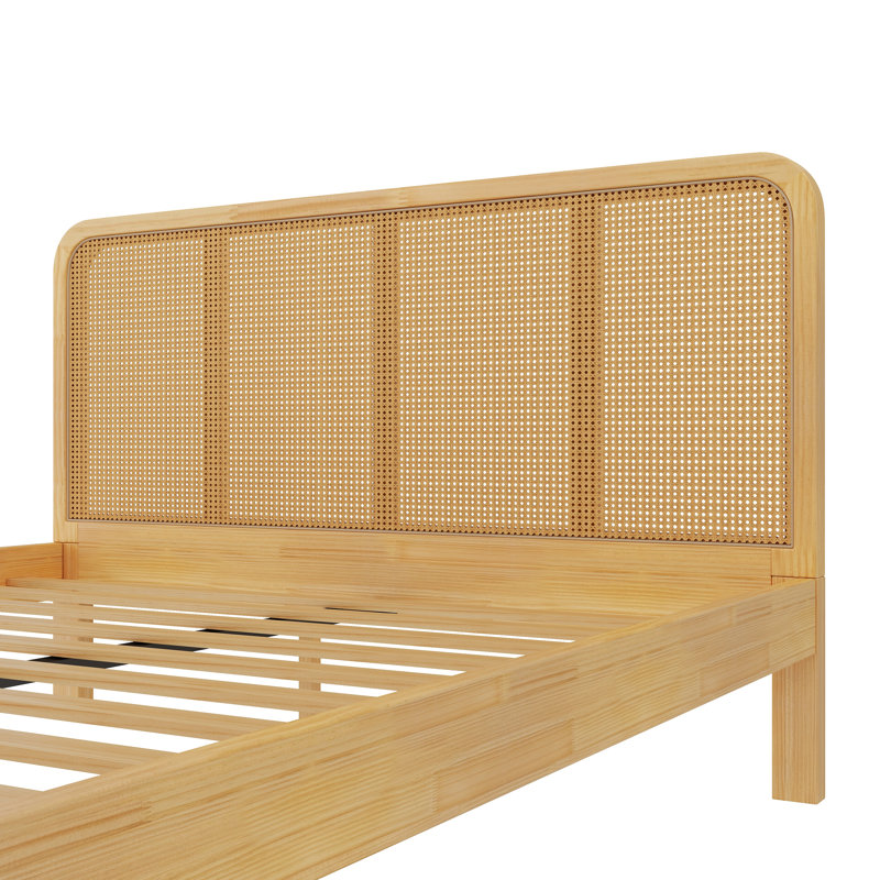Lit plateforme moderne en rotin, cadre de lit en bois de style milieu du siècle avec tête et pied de lit en rotin tressé, lit pour chambre à coucher