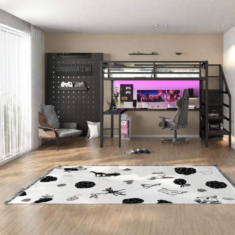 Lit mezzanine en métal peu encombrant avec bureau de rangement noir moderne
