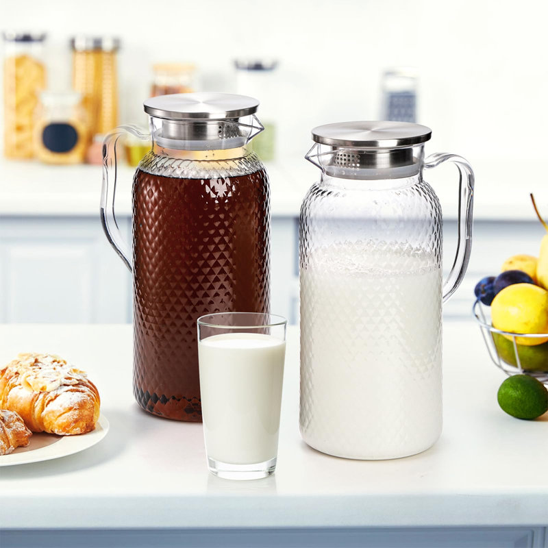 Lot de 2 pichets en plastique transparent de 2 litres (68 oz), avec couvercle, pour réfrigérateur, sans BPA, pour thé glacé